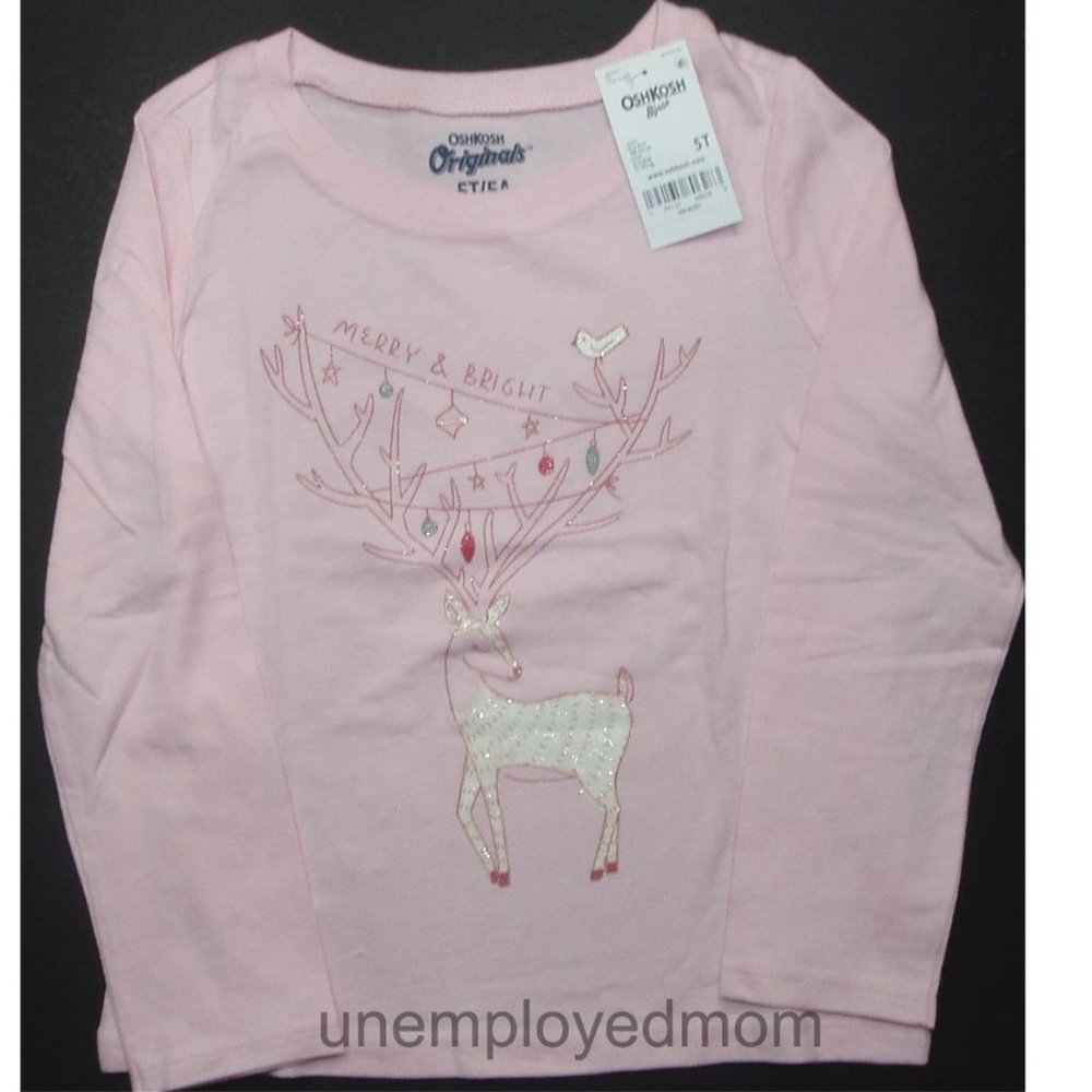 Girls Christmas Tee Reindeer Ornament Merry Bright Top Shirt Kids Girls